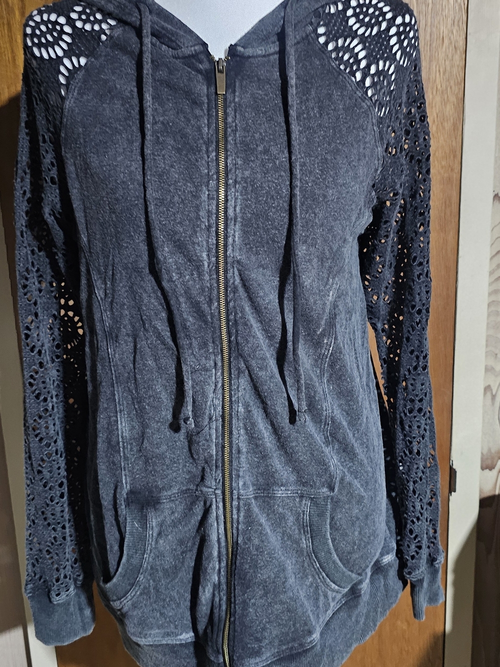 torrid Charcoal Crochet-Sleeve Zip Hoodie